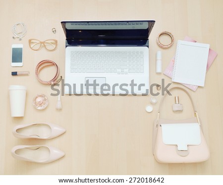 stylish casual set of computer and stuff for urban woman in soft colors, fashion concept