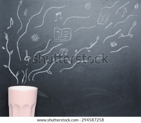 mug of coffee with drawing steam on the blackboard from the top view, happy morning concept