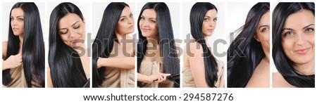 collage of cute beautiful woman with strong healthy bright hair, spa beauty concept