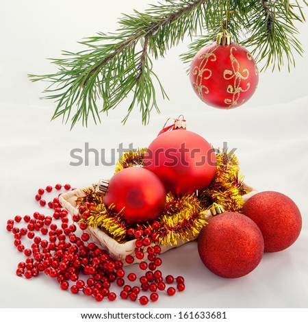 red baubles for new year  firtree on white background