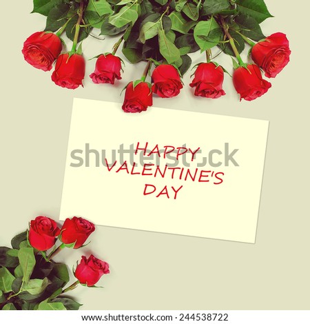 Roses bouquet and greeting card with sample text. Happy Valentines Day.