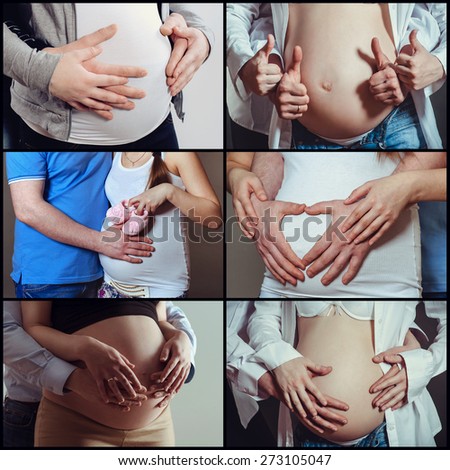 Man\'s hands embrace a belly of the pregnant woman.  Collage of pictures