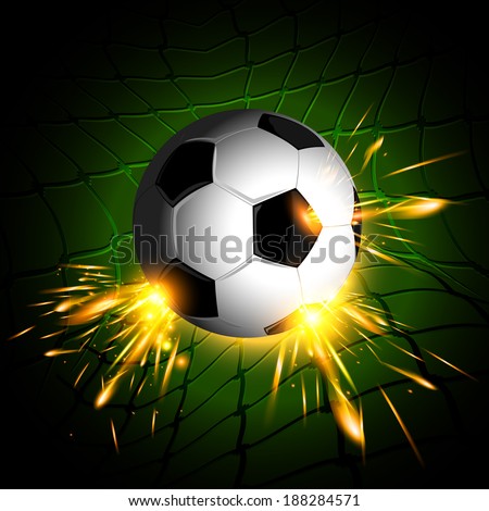 Lighting soccer ball on net with dark green background