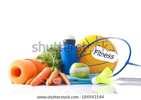 healthy food and sport equipment isolated on white