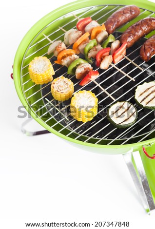Bar-B-Q or BBQ with kebab cooking. coal grill of chicken meat skewers.barbecuing dinner  barbecue on a grilling pan