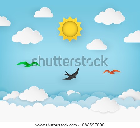 Clear blue sky with sun, clouds and flying birds. Swallow flying in the sky. Cloudy scenery background. Paper and craft style. Origami birds. Clean and minimal design. Vector Illustration.
