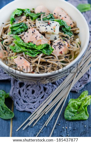Chinese soba noodles with fish and spinach