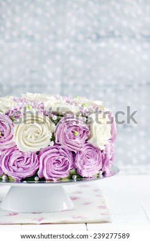 Sponge cake with cream cheese on a wood background
