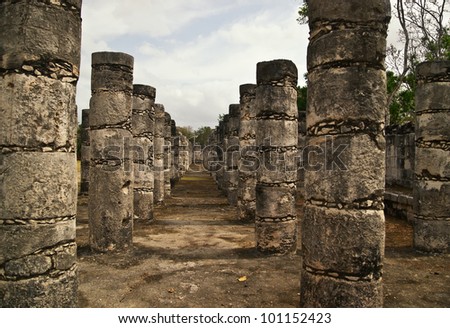 These columns surround the Temple of the Warriors, a massive temple structure in the ancient city of Chichen Itza. The columns continue on into the jungle where many are waiting for restoration.
