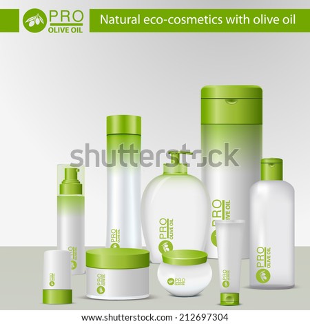 Natural eco-cosmetics with olive oil. Set product  for body care in a green and white packaging.