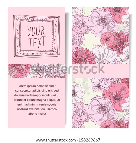 Vector vertical banner with pink flowers hand drawn, save the date