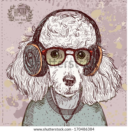 Vintage illustration of hipster poodle with glasses headphones and bow in vector on vintage background Vintage illustration of hipster poodle with glasses headphones and bow in vector on vintage background