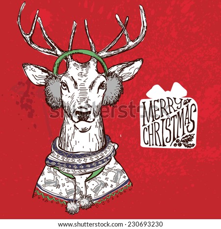 Hand Drawn Vector Illustration of Deer Hipster in Jacquard Sweater Merry Christmas Card Hand Drawn Vector Illustration of Deer Hipster in Jacquard Sweater Merry Christmas Card