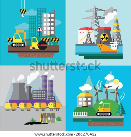 Factory landscape, Ecology Concept - industry factory. Ecology Concept Vector Icons Set for Environment, Flat style vector illustration.