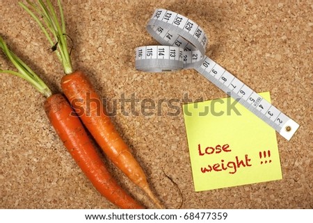 Yellow sticky note to self reminding to lose weight with measuring tape and carrots