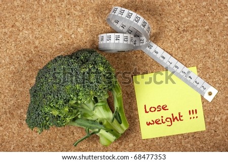 Yellow sticky note to self reminding to lose weight with measuring tape and broccoli