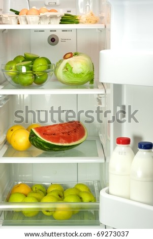 Open refrigerator full with some kinds of food