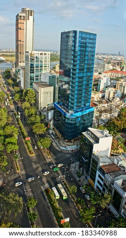 HO CHI MINH CITY, VIET NAM- MAR 23: Panoramic  Ho Chi Minh city, vietnam on day  from high view, residential, office building with green trees on road, Sai gon is big city in Vietnam, Mar 23, 2014