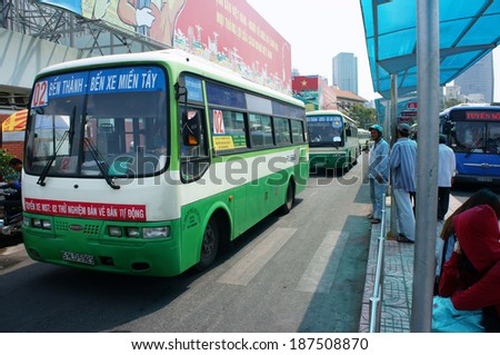 HO CHI MINH, VIET NAM: Passenger bus transports people in city, stop at Ben Thanh bus station, this public service center regulate sactivity for transportation by buses, Vietnam, April 16, 2014