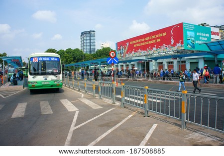 HO CHI MINH, VIET NAM: Passenger bus transports people in city, stop at Ben Thanh bus station, this public service center regulate sactivity for transportation by buses, Vietnam, April 16, 2014