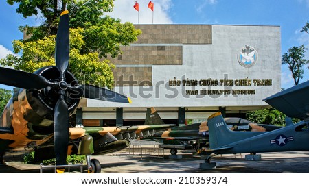 HO CHI MINH , VIETNAM- AUG 12 : Ancient helicopter of United state army display at Vietnamese War Remnants Museum,  museum keep history evidence of war time for Saigon, travel, Vietnam, Aug 12, 2014