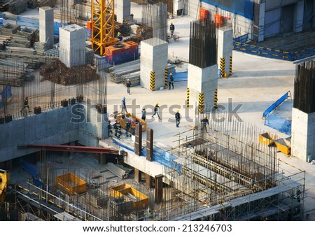 HO CHI MINH CITY, VIETNAM- AUG 21: Panaroma of construction work at Asia city, steel rod rise up from concrete pillar, development of real estate make increase construct industry, Vietnam, Aug 9, 2014