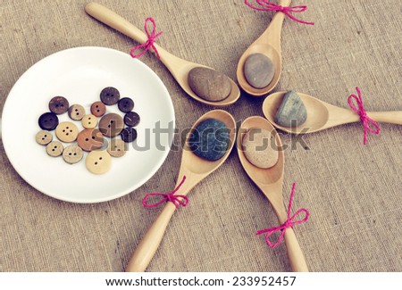 Nice concept with idea of menu for love, heart shape from wooden button, spice of happiness on spoon, set on bamboo tray, art style for decor or blog