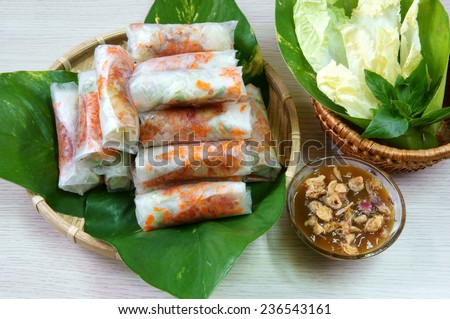 Vietnamese food, bo bia is street food, snack that delicious, cholesterol free, make from dried small shrimp, vegetables, sausage, peanut in rice paper roll, sauce, Bobia is popular snack in Vietnam