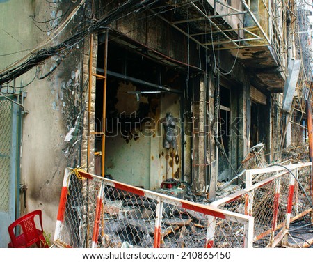 Horror fire at residence in Ho Chi Minh city, Vietnam, burned house, store damaged, melted in ash, only frame, an fearful acctident with serious loss