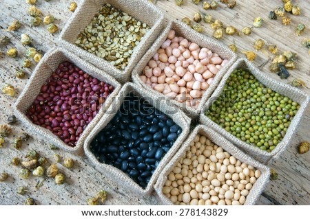 Collection of grain, green bean, red bean, soybean, black bean in bag, cereal product is healthy food, nutrition eating and fibre food