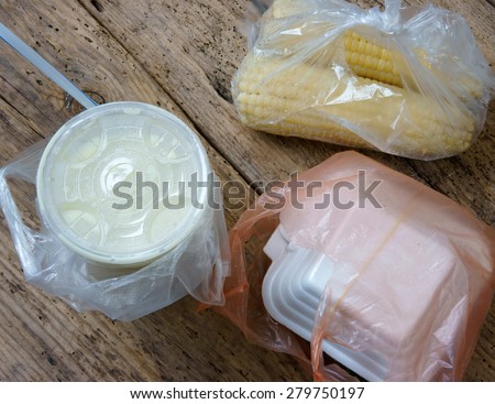 Vietnamese food for breakfast in plastic recycle bag, nylon bag use very popular, but toxic, danger for health, make environment pollution and persistent in long time