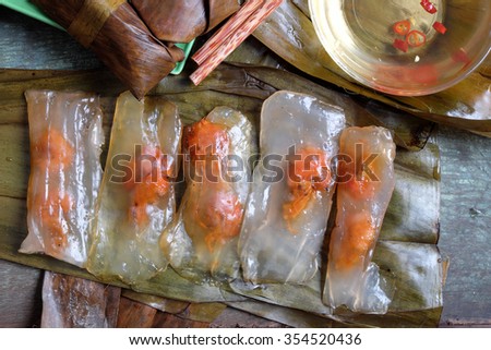Vietnamese food, a special street food from Hue cuisine, make from rice flour with meat, shrimp, pack with banana leaf, call banh nam, banh bot loc, a famous Vietnam food