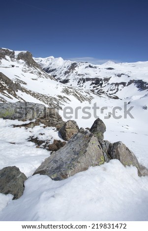 Mountain landscape with snowy mountain peaks