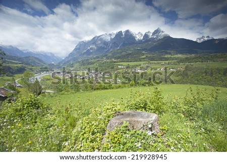 Austrian village landscape nearby mountains