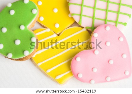 Pink, Green and Yellow polka dot heart shaped cookies