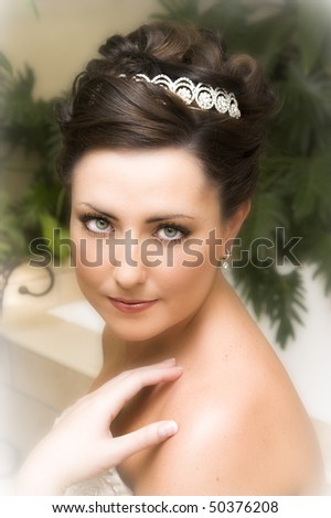 Beautiful brunette bride wearing diamond jewelery and tiara