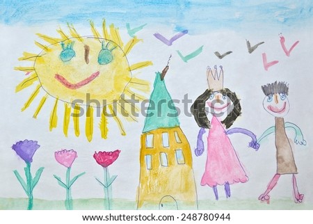 child's drawing, mom and dad in the garden at the house