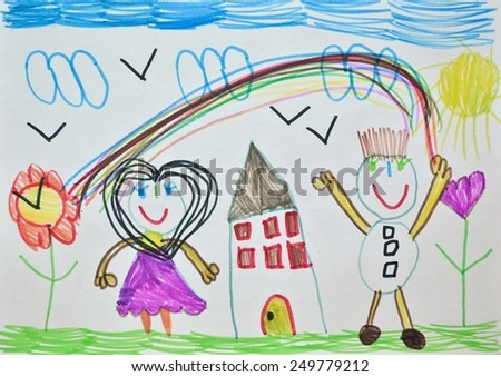 child\'s drawing, mom and dad in the garden at the house