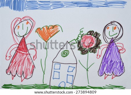 child\'s drawing, mom and dad in the garden at the house