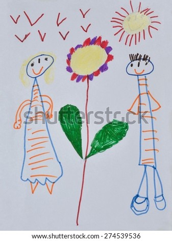 child's drawing, mom and dad in the garden
