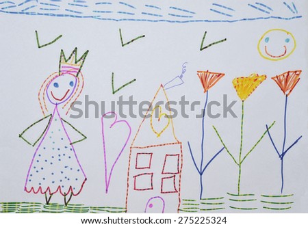 child\'s drawing, mom in the garden at the house
