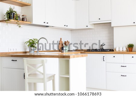 Modern white kitchen in scandinavian style. Open shelves in the kitchen with plants and jars