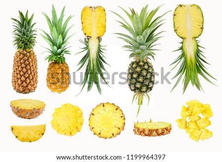 whole and half fruit of fresh pineapple with sliced, pilled and cutting pineapple, isolated on white background with clipping path