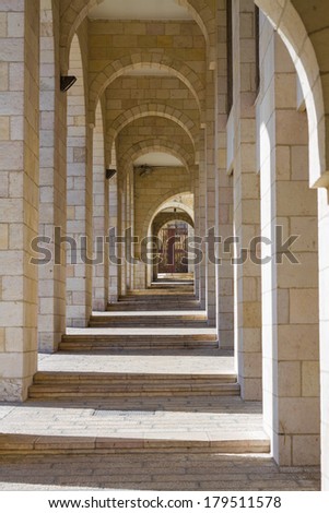 Beautiful photo colonnade in Jerusalem near the residence of the Pope. Israel.