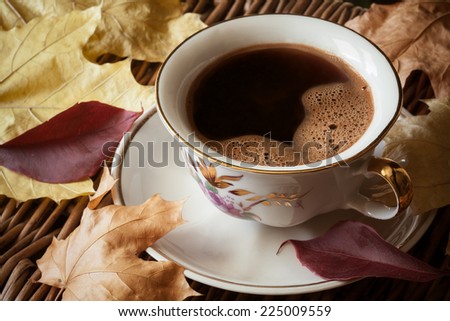 Coffee in the old cup. autumn theme
