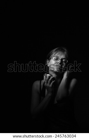 girl listening to music. black and white