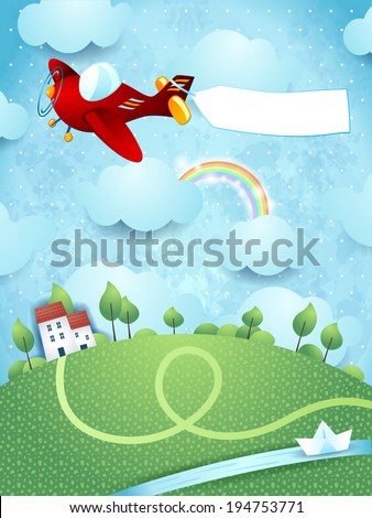 Fantasy landscape with airplane, banner and river. Vector