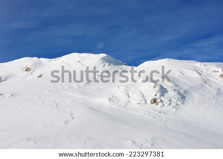 Ice cold desert. Winter landscape of high mountains of the Crimean in sunny weather.