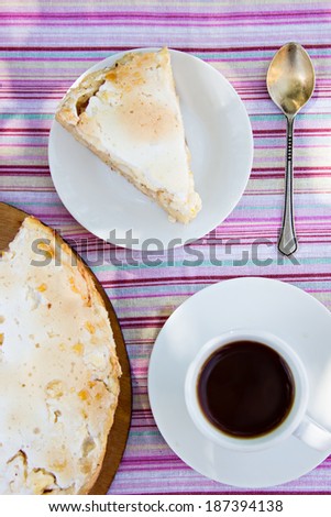 piece of pie on a white plate, pie and a cup of coffe