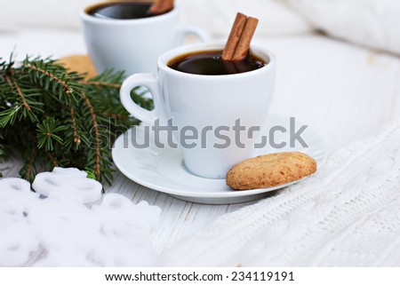 coffee or chocolate with cinnamon and cookies. christmas still life